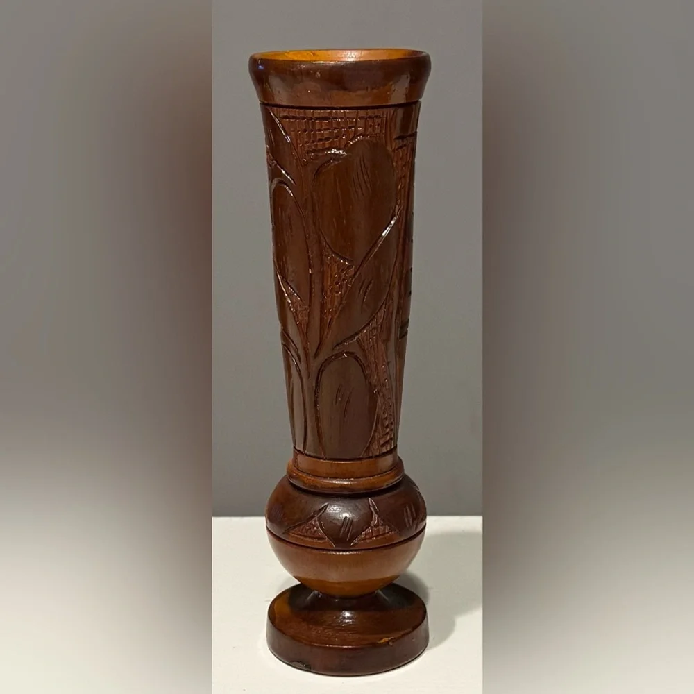 Vintage 1970s Hand-Turned Wood Bud Vase - Boho Floral Hand-Carved - 9”